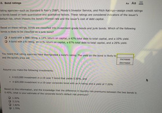 L0. Bond ratings Aa Aa Rating agencies-such as Standard & Poors (S&P), Moodys Investor Service, and Fitch Ratings-assign cr