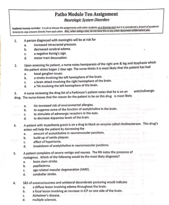 Patho Module Ten Assignment Neurologic System Disorders Academic honesty reminder. It is ok to discuss the assignments with o