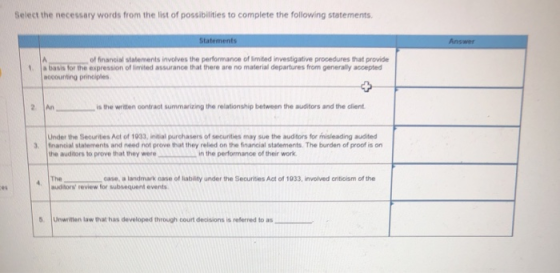 Select the necessary words from the list of possibilities to complete the following statements. Statements Answer of financia