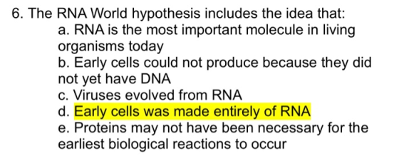 6. The RNA World hypothesis includes the idea that: a. RNA is the most important molecule in living organisms today b. Early