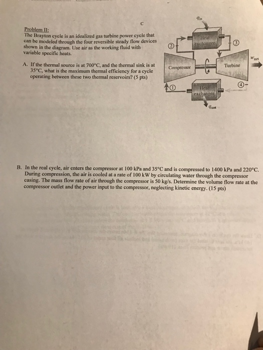 in Problem II: The Brayton cycle is an idealized gas turbine power cycle that can be modeled through the four reversible steady flow devices shown in the diagram. Use air as the working fluid with variable specific heats. Heat If the thermal source is at 700°C, and the thermal sink is at 35℃ what is the maximum thermal efficiency for a cycle operating between these two thermal reservoirs? (5 pts) A. CompressorTurbine B. In the real cycle, air enters the compressor at 100 kPa and 35°C and is compressed to i 400 kPa and 2200. During compression, the air is cooled at a rate of 100 kW by circulating water through the compressor casing. The mass flow rate of air through the compressor is 50 kg/s. Determine the volume flow rate at the compressor outlet and the power input to the compressor, neglecting kinetic energy. (15 pts)