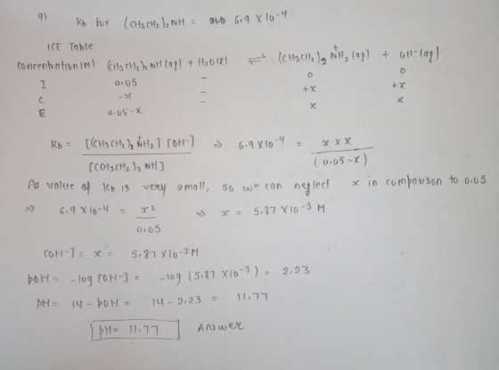 1 Kb for (CH3 CH2)2NH = aus 6.9 x 10-4 ICE Table concentration (M) (CH₂ CH₂ k NH (aq) + H₂O1R1 (CH3 CH₂ ) NH₂ lag) + OH-lag).