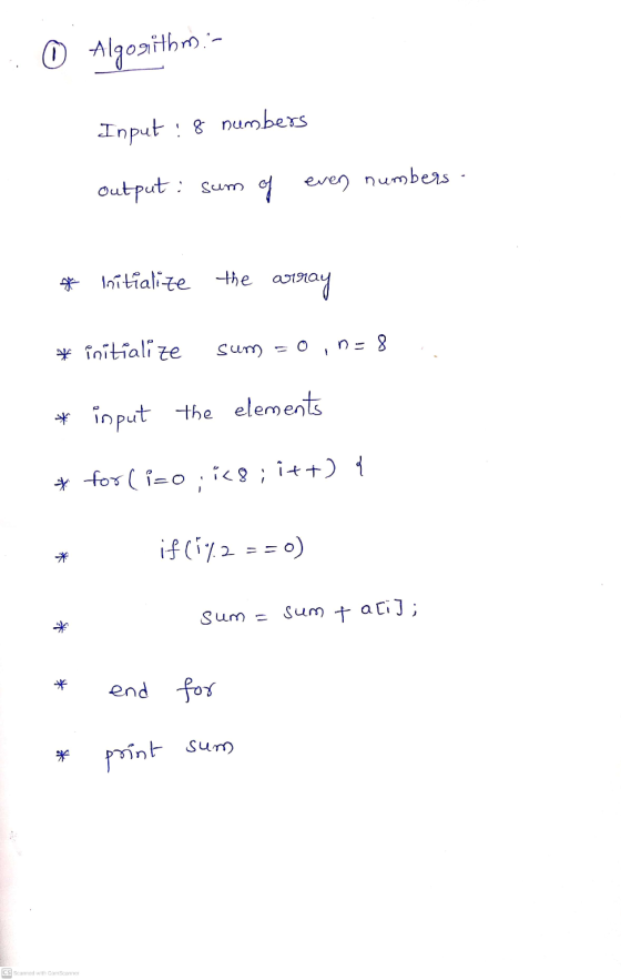 O Algorithm: 1 Input: 8 numbers output: sum of even numbers - * Initialize the vray * initialize sum ne 8 * input the element