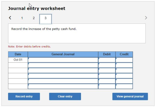 Journal entry worksheet < 1 2. 2 3 3 > Record the increase of the petty cash fund. Note: Enter debits before credits. Date Ge