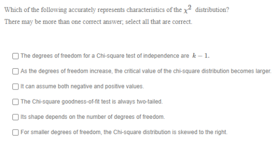 Which of the following accurately represents characteristics of the x2 distribution? There may be more than one correct answe