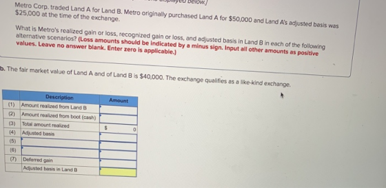 putu below.) Metro Corp. traded Land A for Land B. Metro originally purchased Land A for $50,000 and Land As adjusted basis
