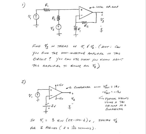 ar IDEAL OP-Ame W ที่ 11 2 Lumta o FIND Vz IN TERMS of V, & Vz. CHINT: CAN you find THE NON-INVERTING Amplifier IN THIS CIR
