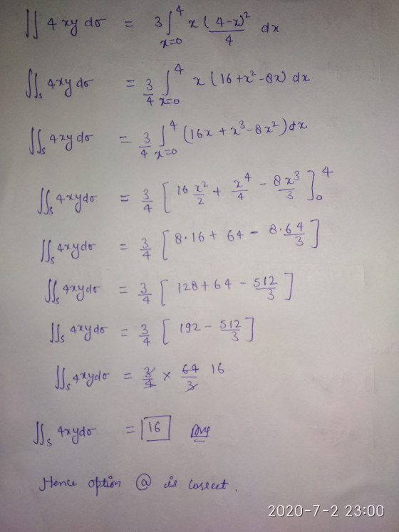 || 4 xy do 3/4 x ( 4-1² dx 2-0 4 4 SI Axy do = 3) x ( 16 +2² -8x) dx 4220 = 30 + (16x + 2²-82²) dx 4 xzo 4 + 4 [ 16 2 3 JS 4