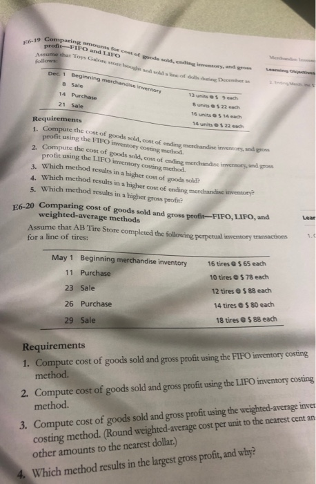 19 Comparing a Comparing amounts for profit FIFO and L o foods sold, ending sume that Toys Galore store bed follows Dec.1 Beg