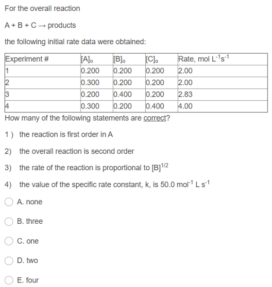 For the overall reaction A+B+C products the following initial rate data were obtained: Rate, mol L-s-1 Experiment # [A] [B].