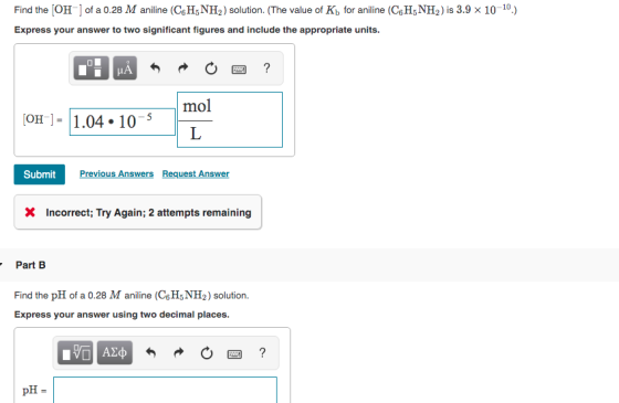 Find the [OH-] of a 0.28 M aniline (C6H5NH2) solution. (The value of Kb for aniline (C6H5NH2) is 3.9 x 10-10.) Express your a