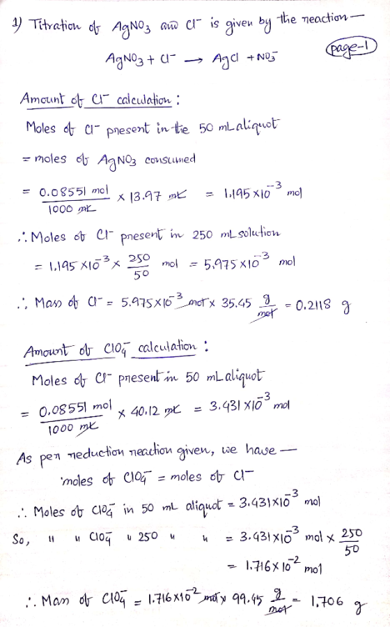 2) Titration of AgNO3 am ct is given by tie neaction - AgNO3+ 4- ~ Agci + N05 Page 1 Amount of a calculation : Moles of at pr