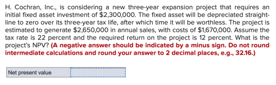 H. Cochran, Inc., is considering a new three-year expansion project that requires an initial fixed asset investment of $2,300