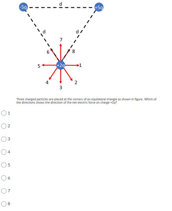 d -59 +59 7 6 8 5+20 4 2 3 Three charged particles are placed at the corners of an equilateral triangle as shown in figure. W