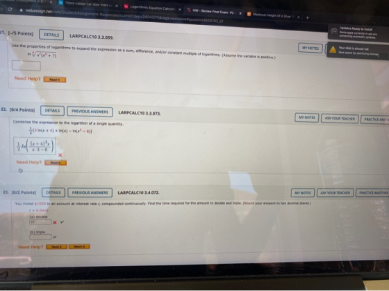 1ste rooms x Logarithmetion Calculex C .webassinet Studenten-Respores/submit/dep240437118 question 3829783.21 H - Review Fina