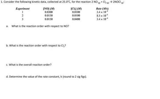 1. Consider the following kinetic data, collected at 25.0°C, for the reaction 2 NO(g+ Cl2 → 2NOCI Experiment INOJ (M) 0.0300