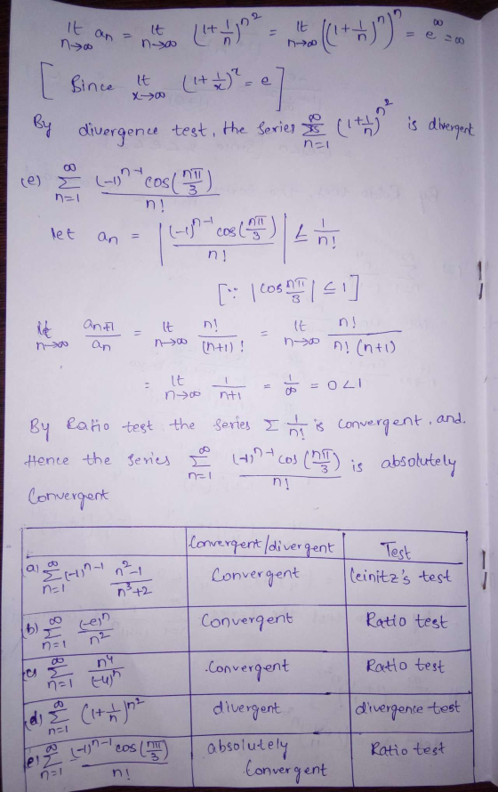 (1 **))=2 con [ since it is (14) - e] By divergence test, the series + 100 is deport Genc o e Ms a no [: | 1050T ] 1 and - I