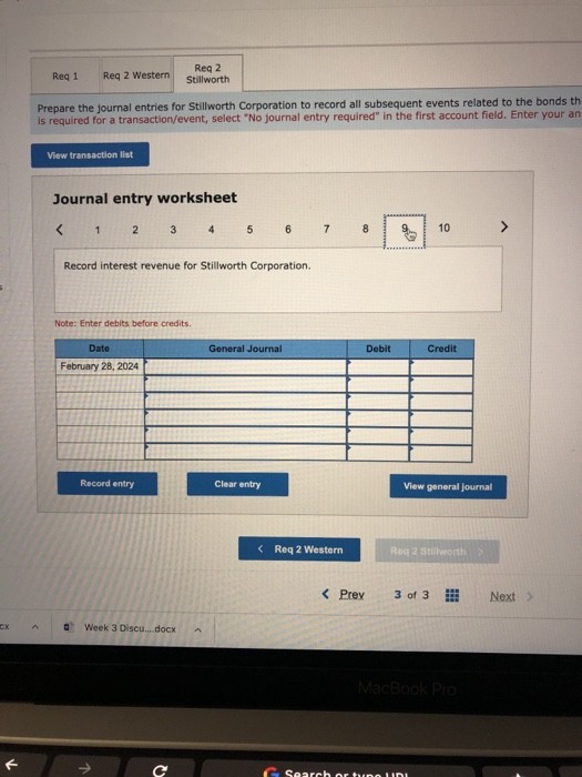 Reg 1 Req 2 Western Reg 2 Stillworth Prepare the journal entries for Stillworth Corporation to record all subsequent events r