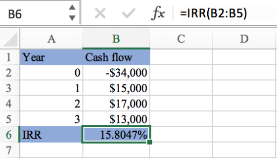 B6 4 A 1 Year x fx =IRR(B2:35) B C D Cash flow -$34,000 $15,000 $17,000 $13,000 15.8047% IRR