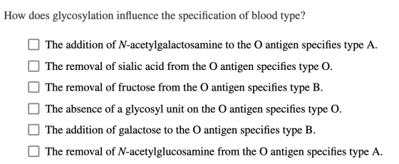 How does glycosylation influence the specification of blood type? The addition of N-acetylgalactosamine to the O antigen spec