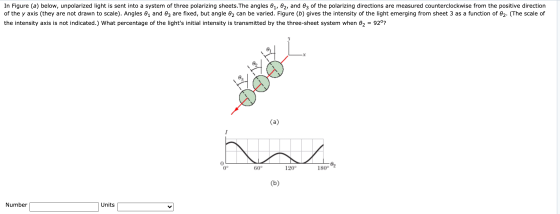 In Figure (a) below, unpolarized light is sent into a system of three polarizing sheets. The angles 01, 02, and 03 of the pol
