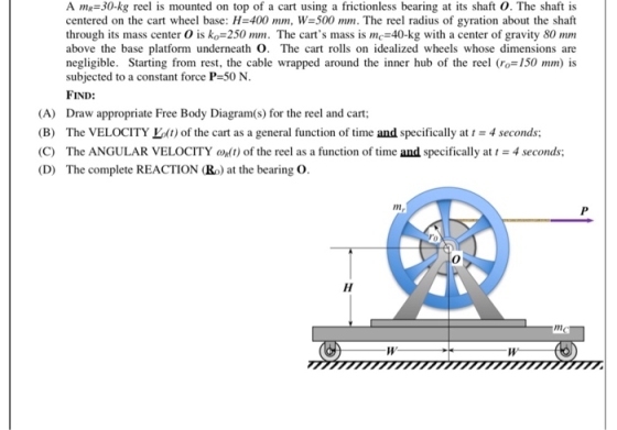 A me=30-kg reel is mounted on top of a cart using a frictionless bearing at its shaft 0. The shaft is centered on the cart wh