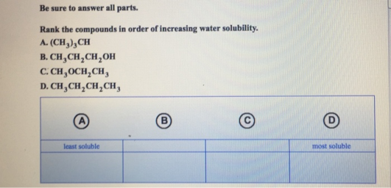 Be sure to answer all parts. Rank the compounds in order of increasing water solubility. A. (CH3)3CH B. CH3 CH2 CH2OH C. CH,O