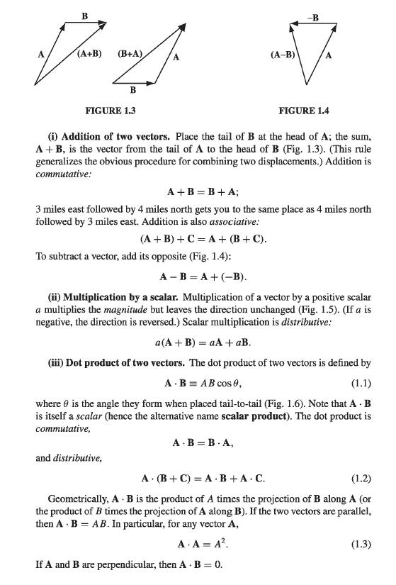 B -B (A+B) (B+A) (A-B) B FIGURE 1.3 FIGURE 1.4 (1) Addition of two vectors. Place the tail of B at the head of A; the sum, A+