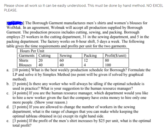 Please show all work so it can be easily understood. This must be done by hand method. NO EXCEL PLEASE. ] The Borrough Garment manufactures mens shirts and womens blouses for WolMak. In an agreement, Wolmak will accept all production supplied by Borrough Garment. The production process includes cutting, sewing, and packing. Borrough employs 25 workers in the cutting department, 31 in the sewing department, and 5 in the packing department. The factory works on 8-hour shift, 5 days a week. The following table gives the time requirements and profits per unit for the two garments Hours Per Unit Garments Cuttin Sewin 60 40 Packin 12 4 Profit(S/unit) 80 100 Shirts 20 Blouses 40 a. [10 points] What is the best weekly production schedule for Borrough? Formulate the LP and solve it by Simplex Method (no point will be given if solved by graphical method) [5 points] Is there any worker who will always be idling if the optimal schedule is used in practice? What is your suggestion to the human resource manager? b. c. [4 points] If you are the human resource manager, which department would you like to hire a new worker given the fact the company have extra money to hire only one more people. (Show your reason.) [3 points] If you are allowed to change the number of workers in the sewing department, what is the range of changes that you can make while keeping the optimal tableau obtained in (a) except its right hand side d. e. [3 points] If the profit of the mens shirt increases by $25 per unit, what is the optimal total profit?