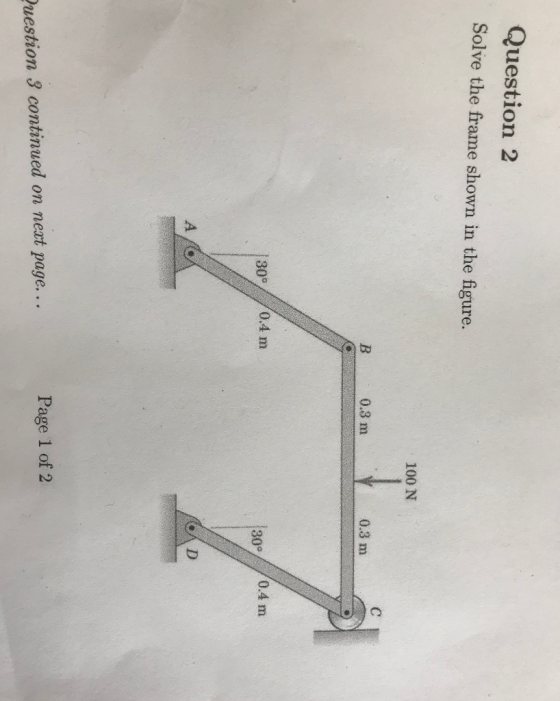 Question 2 Solve the frame shown in the figure. 100 N 0.3 m 0.3 m 30° 0.4 m 30° 70.4 m Page 1 of 2 Question 3 continued on ne