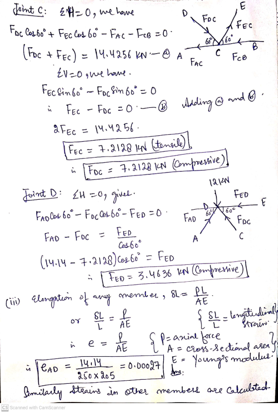 B A C FAC =0 ما B Adding @ and 12120 Joint C: {=0, we have E Foc For los 60° + FEG los 600 - Fac-Fcb =0 FEC 68 3660 (Foc + Fe