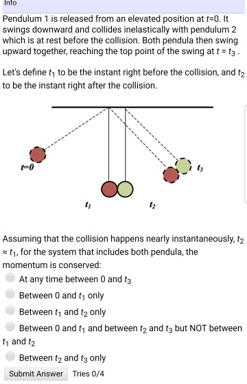 Info Pendulum 1 is released from an elevated position at t-0. It swings downward and collides inelastically with pendulum 2 w