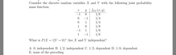 0 Consider the discrete random variables X and Y with the following joint probability mass function: . -1 1/8 0 1/4 0 1 1/4 1