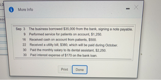 * More Info ccd Sep 3 The business borrowed $35,000 from the bank, signing a note payable. 9 Performed service for patients o