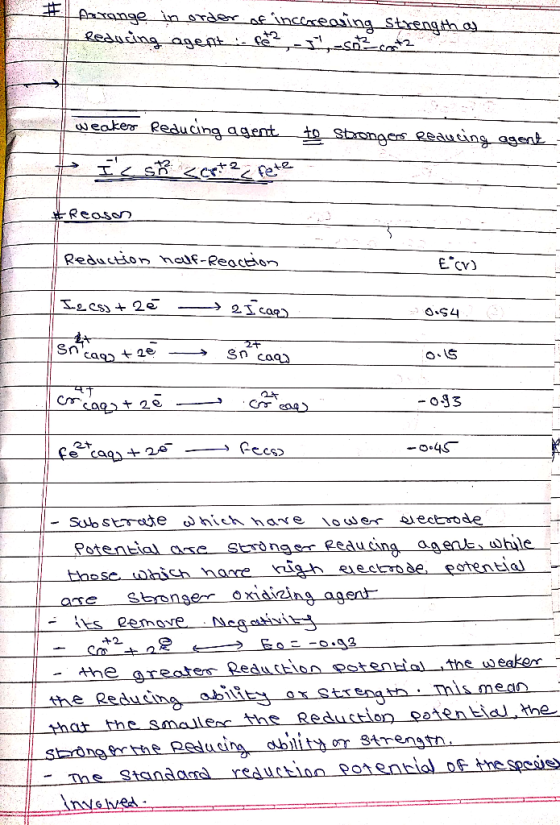 # Arrange in order of increasing Strength a Reducing agent fo2 - I-st conta to Strongers Reducing agent weaker Reducing agent