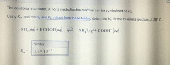 The equilibrium constant, K. for a neutralization
