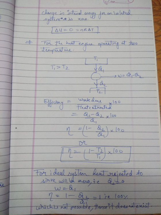Poce change in internal energy systemet is zero. S for on isolated Jau= 0.=nRAT For the heat engine Tempura ure: a operating