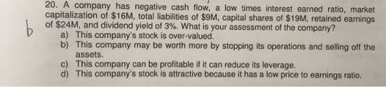 20. A company has negative cash flow, a low times interest earned ratio, market capitalization of $16M, total liabilities of