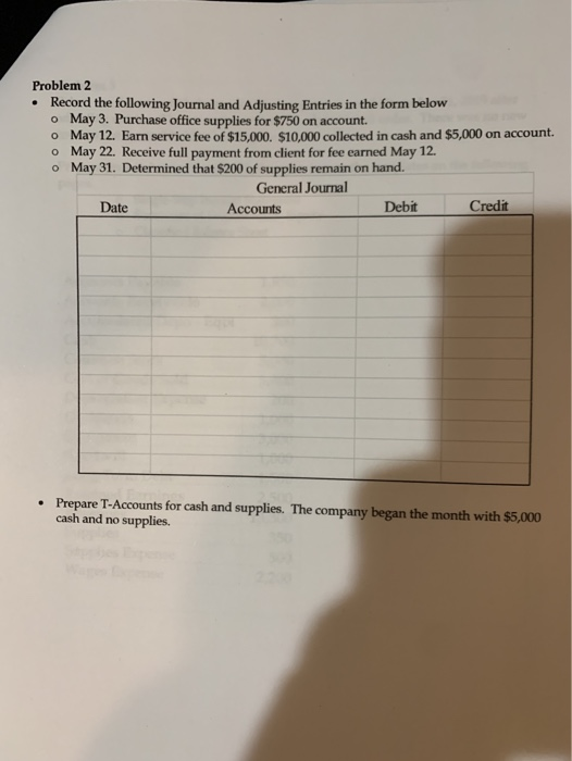 Problem 2 • Record the following Journal and Adjusting Entries in the form below o May 3. Purchase office supplies for $750 o