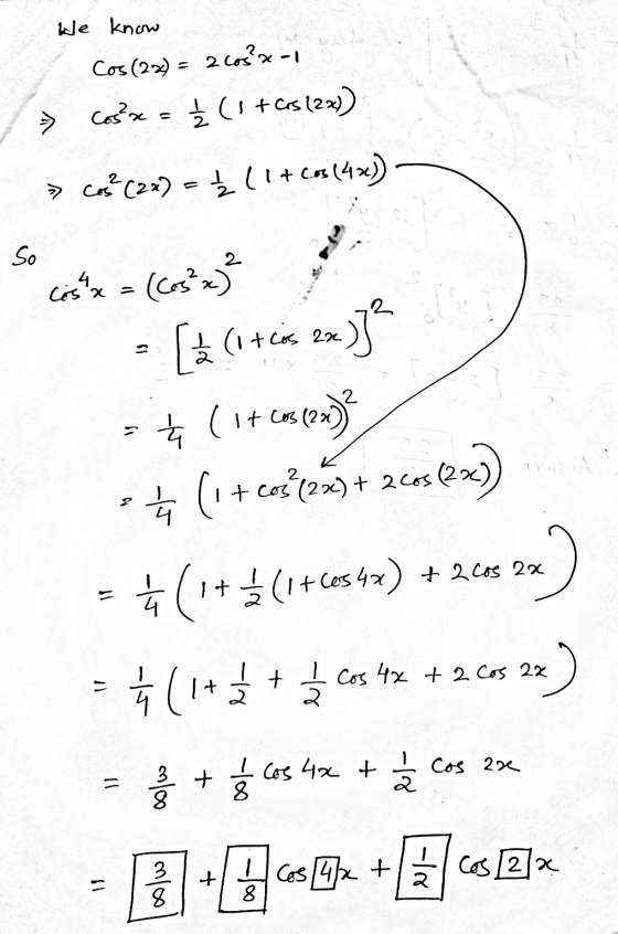 We know Cos (2x) = 2 cos²x-1 Cos²x = 2 (1+Crs (22) > Cos? (2x) - † 11+ Cos(4x)) So ..² cost x = (Cos²x)² [ 1 (1 + cos 2x - to