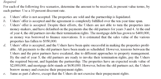 Required For each of the following five scenarios, determine the amount to be received, in present value terms, by each partn