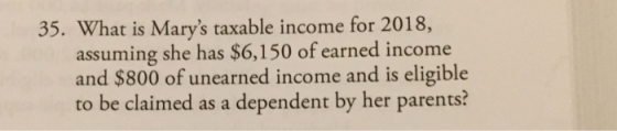 35. What is Marys taxable income for 2018, assuming she has $6,150 of earned income and $800 of unearned income and is eligible to be claimed as a dependent by her parents?