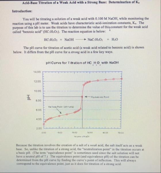 Acid-Base Titration of a Weak Acid with a Strong Base: Determination of K. Introduction: You will be titrating a solution of