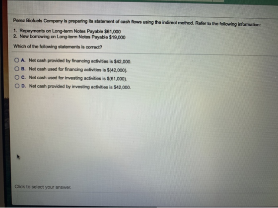 Perez Biofuels Company is preparing its statement of cash flows using the indirect method. Refer to the following information