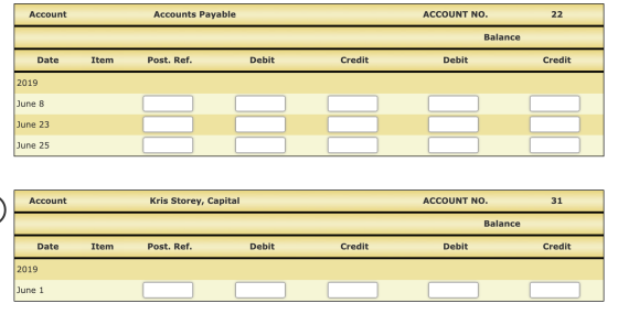 Account Accounts Payable ACCOUNT NO. 22 Balance Date Item Post. Ref. Debit Credit Debit Credit 2019 June 8 June 23 June 25 Ac