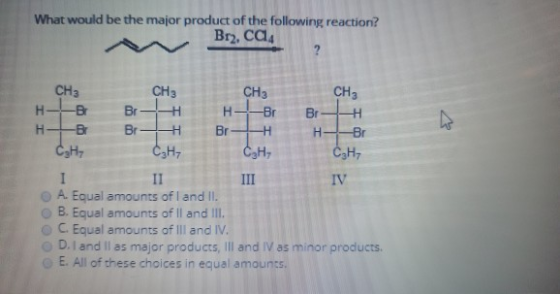 What would be the major product of the following reaction? Br2, ca CH3 CH3 CH3 CH H-LB BH H B BH H-EB BH Br- H H -Br CsHy CHT