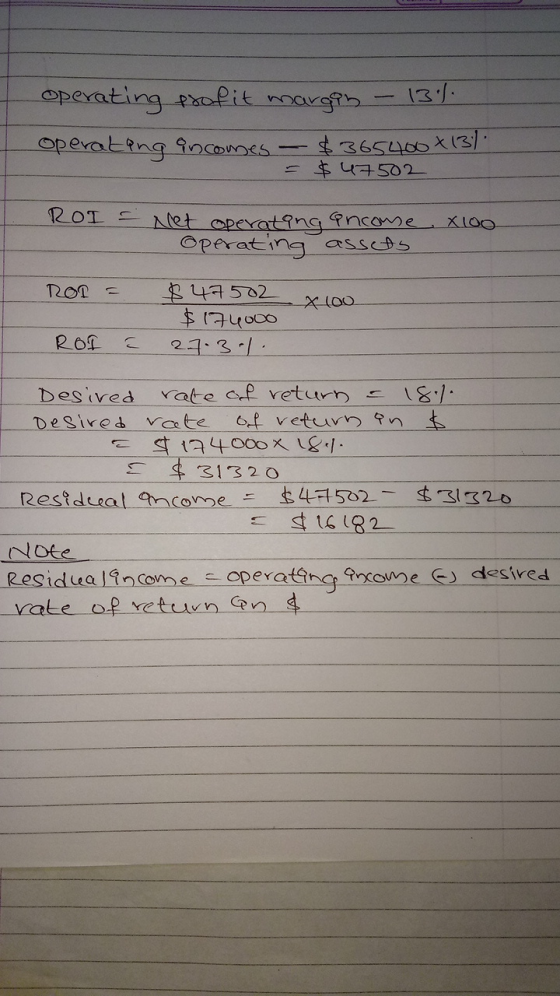 operating profit margin - 13%. operating incomes - $365400*131 = $47502 ROI = Net operating ancome X100 Operating assets x 10