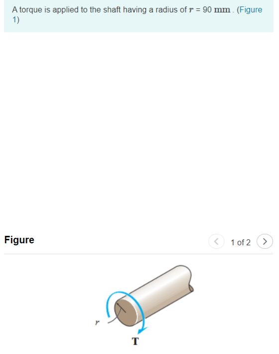 A torque is applied to the shaft having a radius of r = 90 mm. (Figure 1) Figure (< 1 of 2 >
