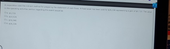 A corporatian uses the indirect method for preparing the statement af cash BaRS A faad assat hes been sald for $26,336 eprese