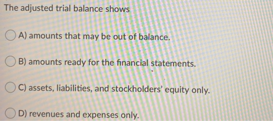 The adjusted trial balance shows OA) amounts that may be out of balance. B) amounts ready for the financial statements. OC) a